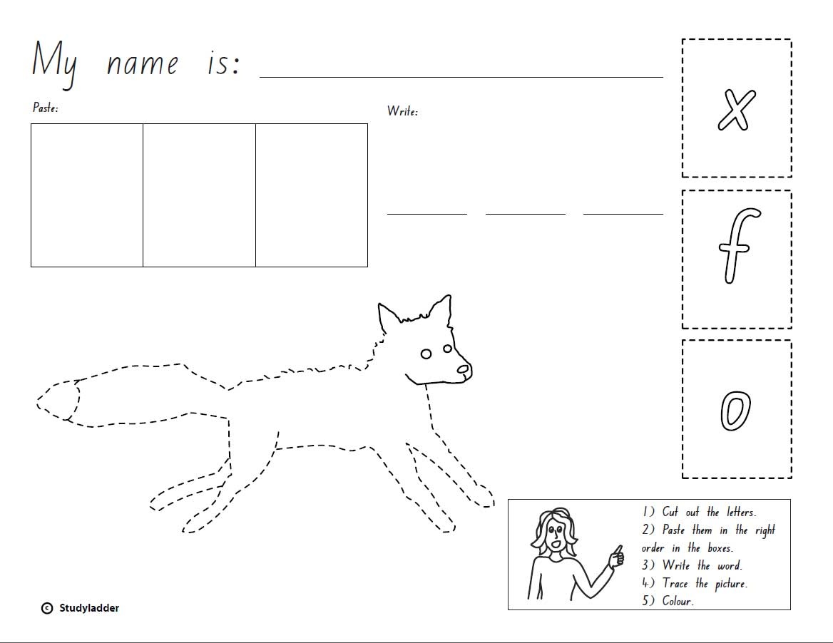 Cut, Paste and Write The word 'fox', English skills online