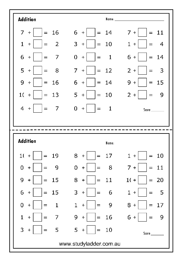 Missing Numbers Addition Year 2 Worksheet