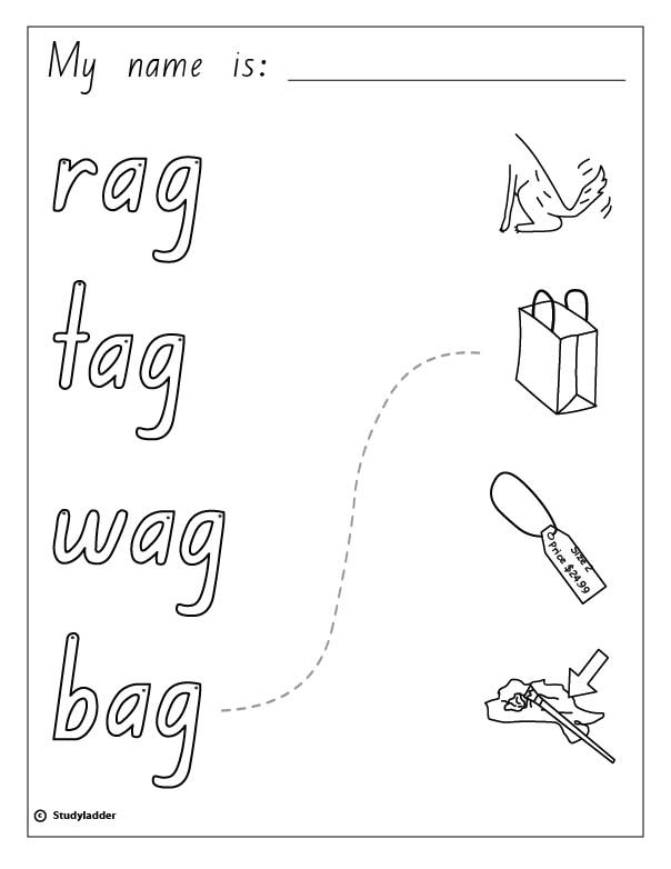 Words and Pictures rag, tag, wag, bag, English skills online