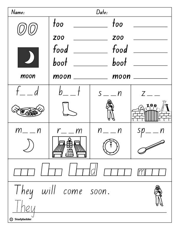 kindergarten free worksheets syllable for moon as in to Vowel Digraph download.