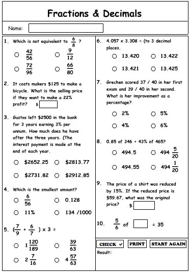 Fractions and Decimals Revision, Mathematics skills online, interactive