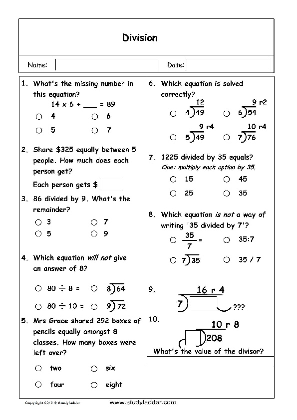 short division problem solving year 5